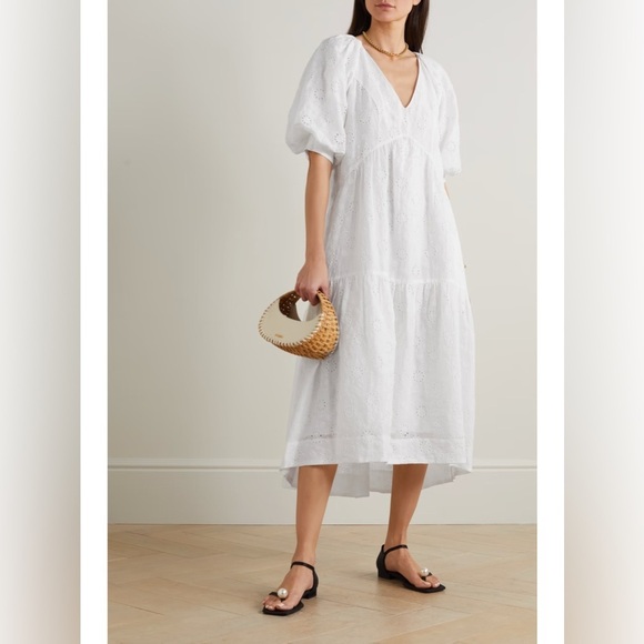 Frame Broderie Anglaise Ramie Puff Sleeve Midi Eyelet Dress in White - Picture 1 of 16